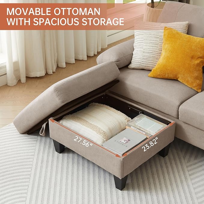 2PCS Sectional Sofa Set with Ottoman, Modern Linen 4 Seater Couch Set with Side - Image 6
