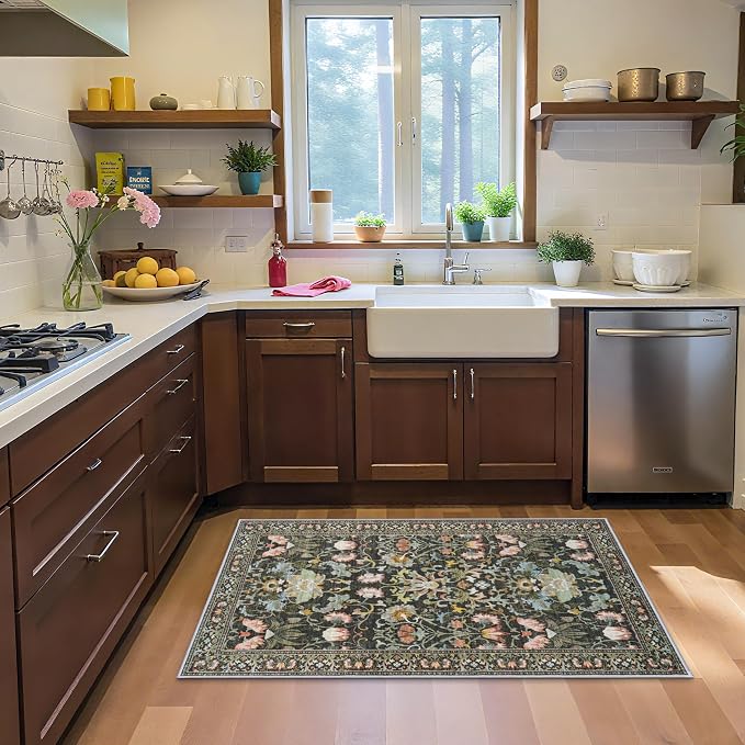 Washable 4x6 Bedroom Rug for Family: Non-Slip Floral Small Carpet for Living by HYHAOYUNLAI