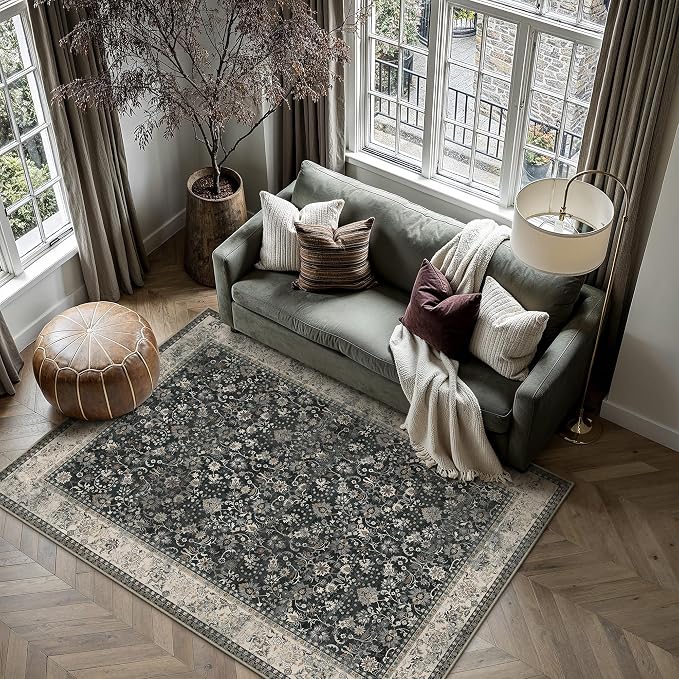 5x7 Black Beige Vintage Floral Washable Area Rug - Image 3