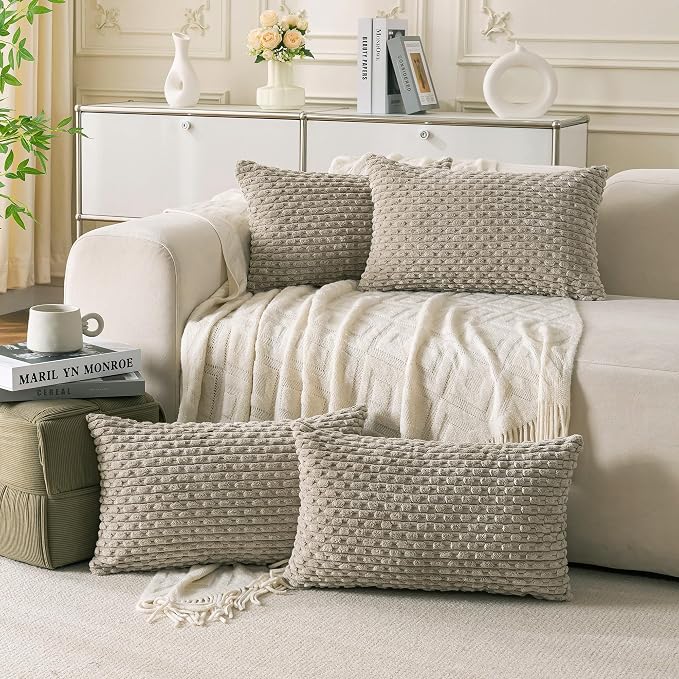 Set of 4 Taupe Decorative Throw Pillow Covers 12x20 Inch Corduroy Pillow Covers by Cozoomy