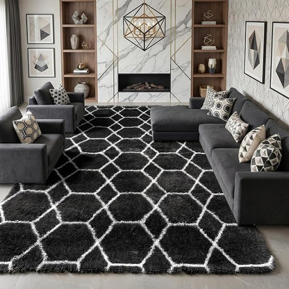 Area Rugs for Living Room, 7x10 Fluffy Black and White Modern Bedroom Rug | by ONASAR