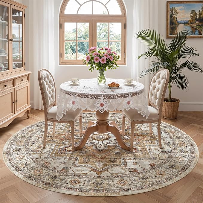 Madane Washable 6ft Circle Round Rug, 6x6 Circular Area Rugs, Turmeric/Grey | - Image 4