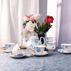 fanquare Blue Flowers Porcelain Tea Set, Tea Cup and Saucer Set Service for 6, Wedding Tea Set with Sugar Bowl Cream Pitcher, Floral Coffee Set for Tea Party
