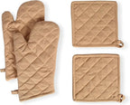 Native Fab Pot Holders and Oven Mitts Sets for Kitchen Heat Resistant- Hanging Non-Slip - 100% Cotton Oven Mitts and Pot Holders 4-Piece Set- Beige