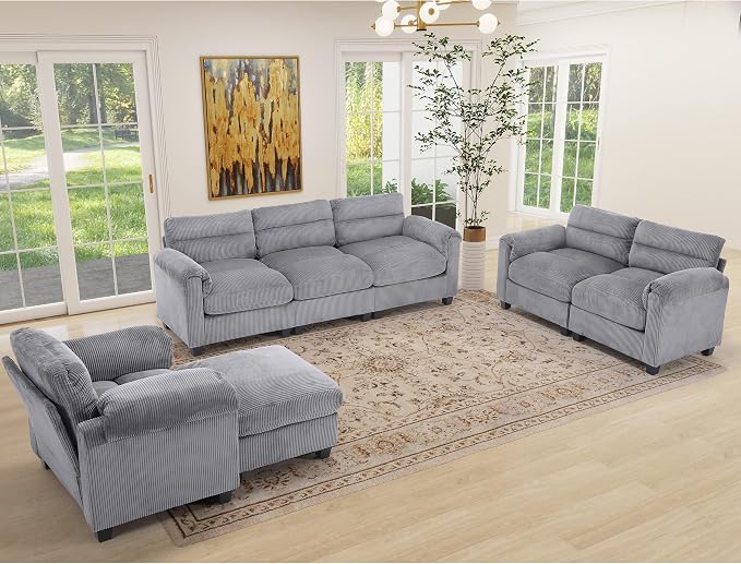 HAOMARKETS Corduroy 4-piece Sofa Set, Upholstered Ottoman, Loveseat 2-Seater - Image 7