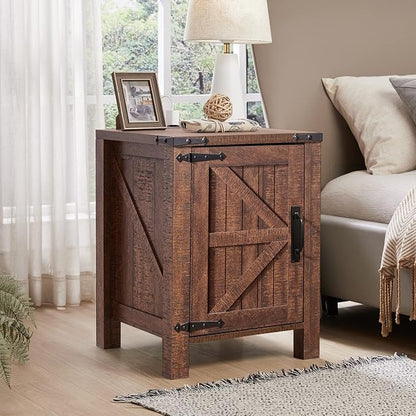 OKD Nightstand w/Charging Station, 18 Inch Farmhouse End Table w/Barn Door and - Image 2