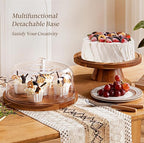 HBlife Cake Stand with Glass Lid (11.4"), Multifunctional Cake Stand with Dome, Acacia Wood 6-in-1 Cake Plate Display Stand with Cover for Baking Gifts, Birthday Kitchen Parties, Weddings
