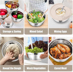 E-far Stainless Steel Mixing Bowls with Lids Set, 5-Piece Nesting Salad Bowls with 3 Grater Attachments and Non-Slip Bottoms, Size 4.6, 2.6, 2, 1.5, 1QT for Kitchen (Khaki)
