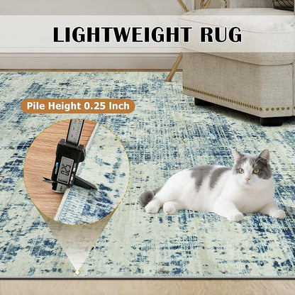 9x12 Washable Area Rug for Living Room Bedroom: Non-Slip Modern Blue Gray | - Image 6
