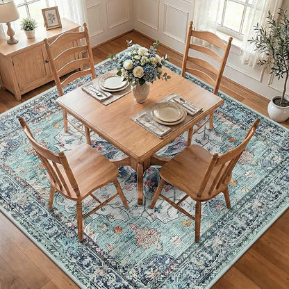 RELEANY Washable Area Rug, Square 8'x8', Teal Green/White/Navy | Non-Slip - Image 2