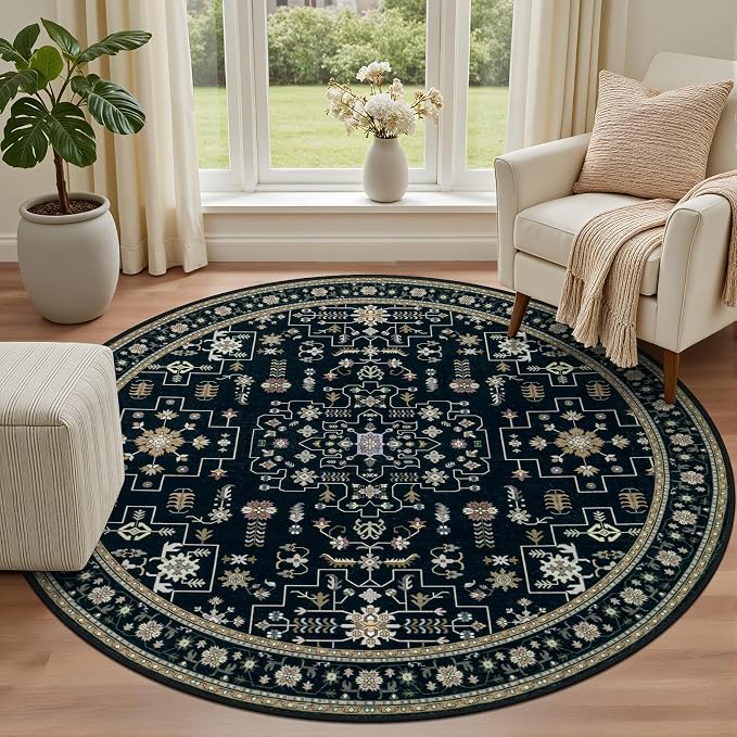 Round Area Rug for Living Room: 8ft Washable Rug for Bedroom Black | Vintage - Image 2