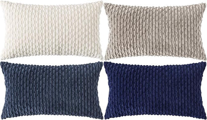 Set of 4 Navy White Taupe Decorative Throw Pillow Covers 12x20 Inch Corduroy by Cozoomy