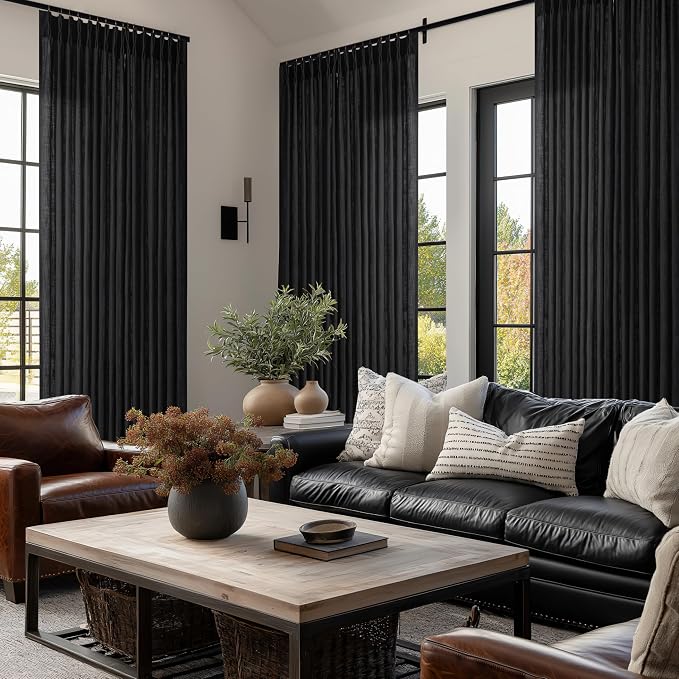 Linen Pleated Light Filtering Black Memory Shaped Curtains 108 Inches Long | - Image 7