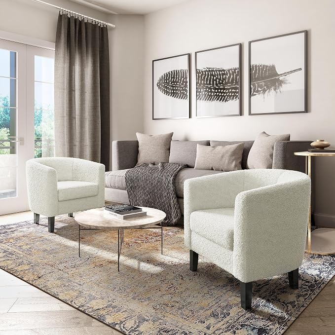 BELLEZE Accent Barrel Chair Set of 2, Linen Round Chair Club Tub Sofa Corner - Image 6