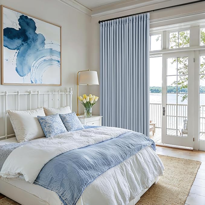 Light Blue Linen Memory Trained Black Out Pleated 105 Inch Curtains 2 Panel | - Image 9