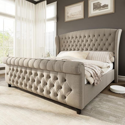 AMERLIFE King Size Platform Bed Frame, Linen Upholstered Sleigh Bed by AMERLIFE