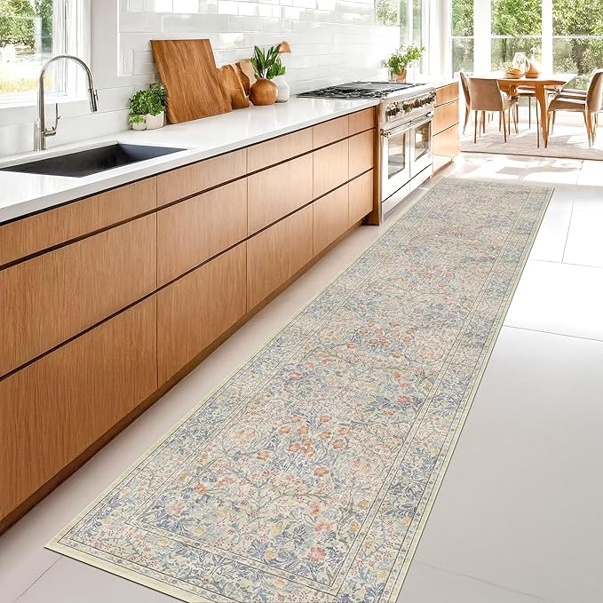 Washable Beige Blue 2x10 Runner Rug - Image 3