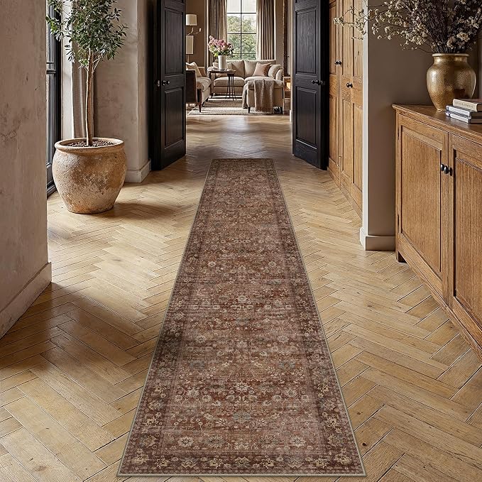 2'6''x12' Brick Red Vintage Floral Washable Runner Rug - Image 2