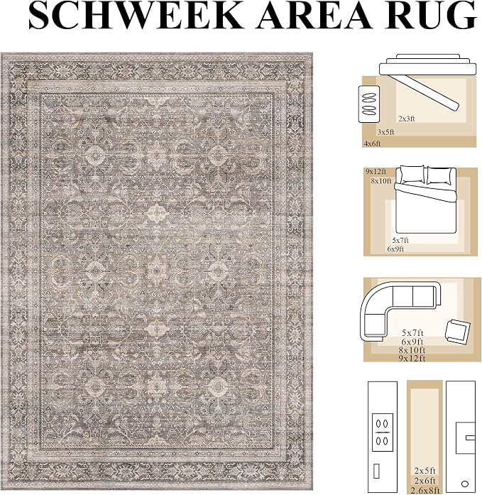 Schweek 5x7 Area Rugs for Living Room Taupe Washable Vintage Neutral Rug | - Image 2