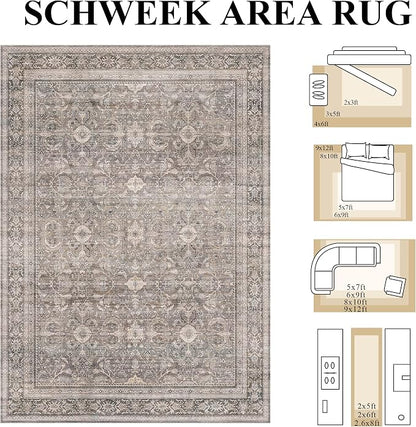 Schweek 5x7 Area Rugs for Living Room Taupe Washable Vintage Neutral Rug | - Image 2