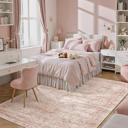 Soalmost 5x7 Area Rugs Pink Low Pile Washable Trendy Faded Style Rug | Vintage - Image 8