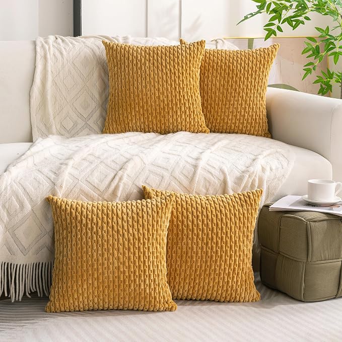 Set of 4 Mustard Yellow Decorative Throw Pillow Covers 18x18 Inch Corduroy - Image 9