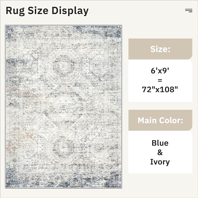 Soalmost 6x9 Area Rug for Living Room Washable Rugs Non-Slip Blue/Ivory | - Image 5