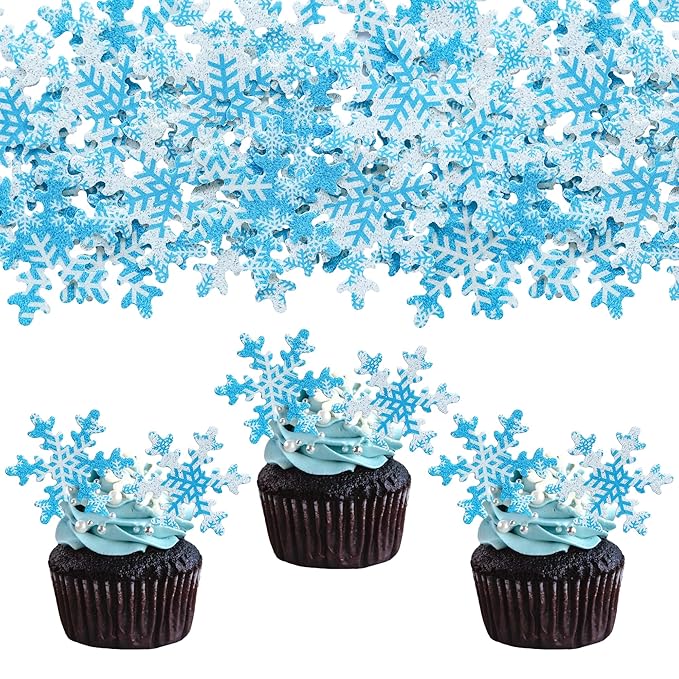 Gyufise 50Pcs Pink Edible Cupcake Cake Toppers Snowflake Cake Decorations for Christmas Winter Frozen Theme Party Supply Decoration Multi