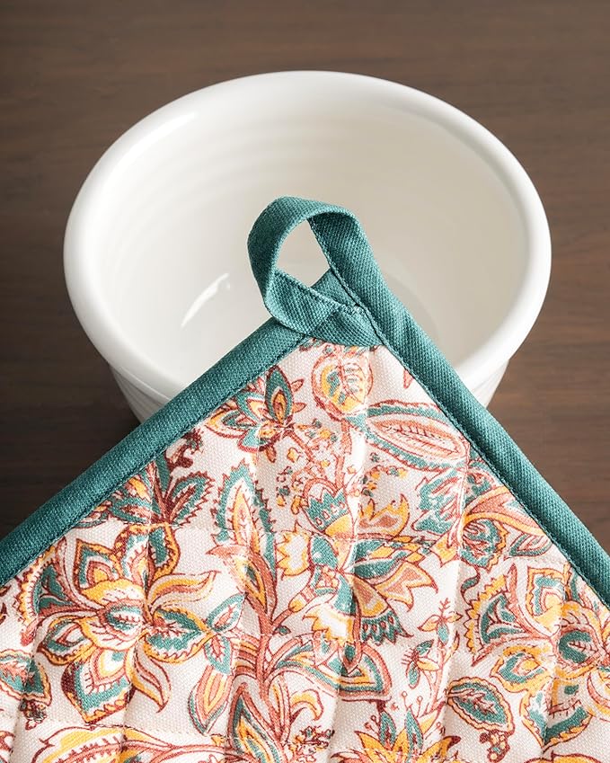 Maison d' Hermine Pot Holders Set 100% Cotton Heat Resistant Potholders 8" x 8" Hot Pads with Loop BBQ, Cooking, Baking, Grilling, Kitchen, Handling Hot Pans (Pack of 2, Nila)