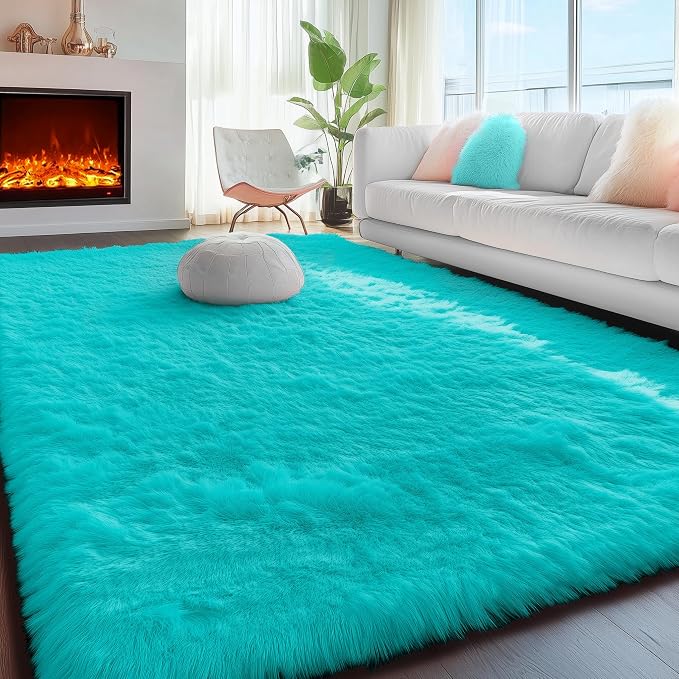 Soft Fluffy Teal Area Rugs for Bedroom Kids Room Shag Furry Carpet 4' x 6' | by PAGISOFE