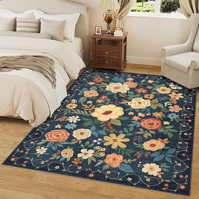 DUKINO 9x12 Area Rug for Living Room, Washable Rug Non Slip, Low Pile, Floral - Image 6