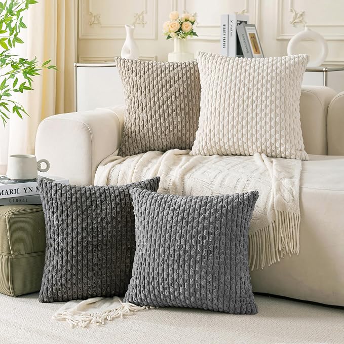 Set of 4 Grey White Taupe Decorative Throw Pillow Covers 22x22 Inch Corduroy by Cozoomy