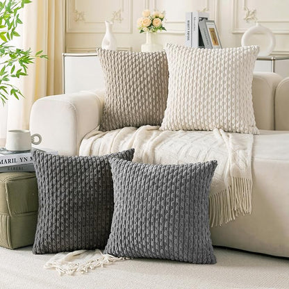Set of 4 Grey White Taupe Decorative Throw Pillow Covers 22x22 Inch Corduroy by Cozoomy