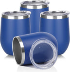 DOMICARE Stainless Steel Wine Tumbler Bulk with Lid, Personalized Insulated Tumblers Set, 12oz Travel Coffee Cups Pack of 4, Dark Blue