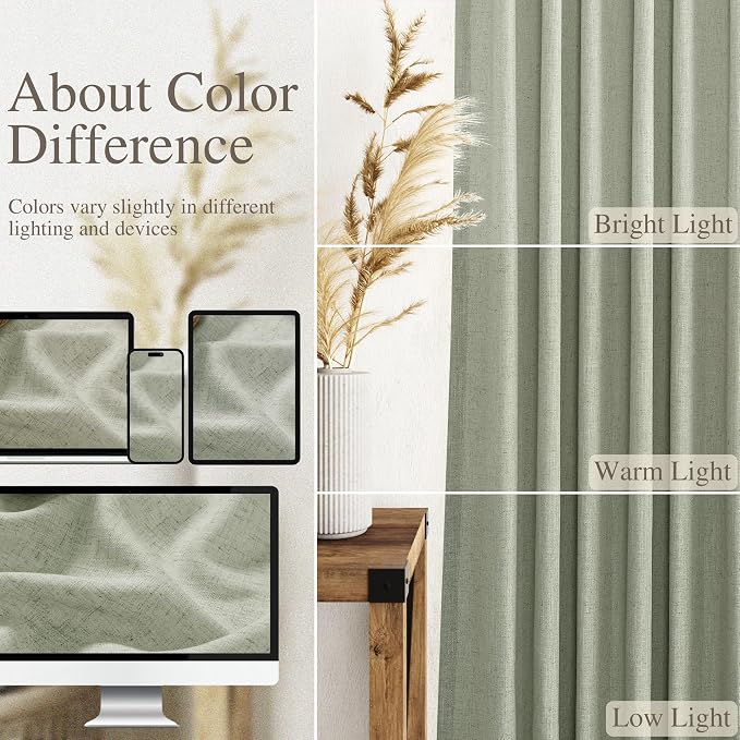 Sage Green Linen Textured 96 Inch Curtains 2 Panel Set Back Tab Rod Pocket - Image 4