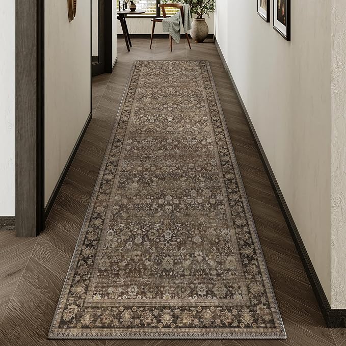 2'6''x10' Brown Vintage Floral Washable Runner Rug by HUGEAR