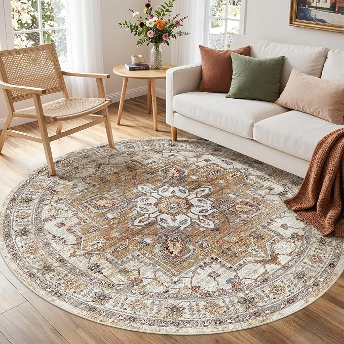 Madane Washable 6ft Circle Round Rug, 6x6 Circular Area Rugs, Turmeric/Grey | by Madane