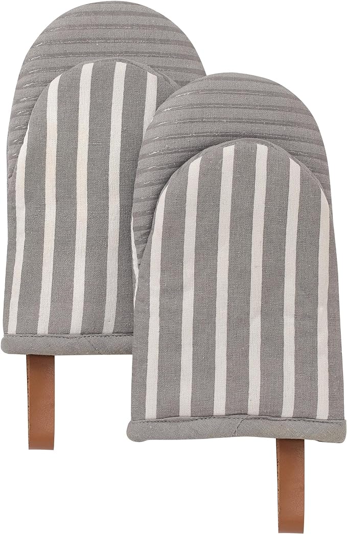 Folkulture Mini Oven Mitts Heat Resistant | (5.75 x9) Set of 2 White Short Oven Mitts with Hanging Loop | 100% Cotton Oven Gloves or Kitchen Mittens | Small Oven Mitt Set or Grey Silicone Oven Mitt