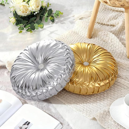 HIG Set of 2 Gold Metallic Leather Decorative Round Pleated Throw Pillows | - Image 8