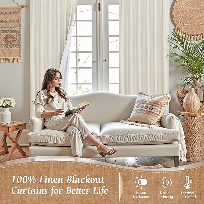 100% Blackout Natural Polyester Curtains, 63 Inches Linen Textured Thermal - Image 2
