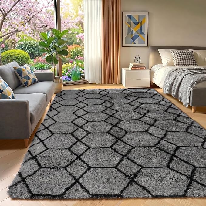 5x7 Area Rugs for Living Room Bedroom, Fluffy Grey and Black Geometric Rug | - Image 6