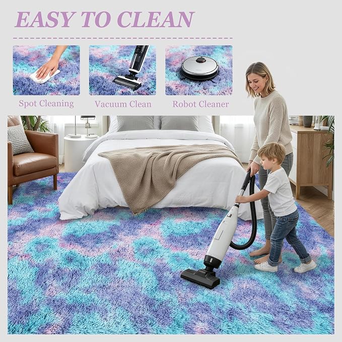 Area Rug Living Room Bedroom: 5x7 Fluffy Plush Shag Carpet Rainbow | - Image 8