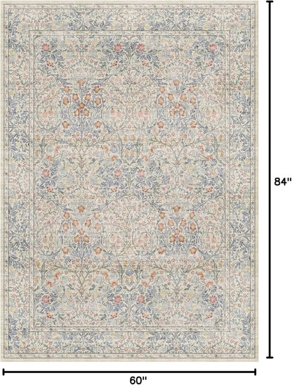 Beige Blue Living Room Rug 5x7, Cottage Area Rug - Image 2