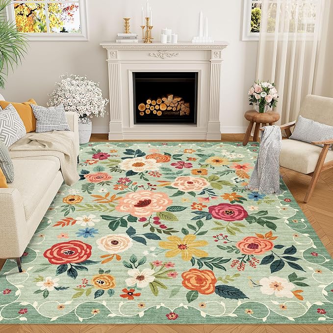 DUKINO 5x8 Area Rug for Bedroom, Floral Washable Rug Non Slip, Non-Shedding by DUKINO