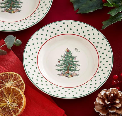 Spode Christmas Tree 6" Polka Dot Tidbit Plates (Set of 4) - Round Appetizer Plates with Festive Polka Dot Border - Dishwasher, Microwave & Freezer Safe Porcelain for Holiday Entertaining