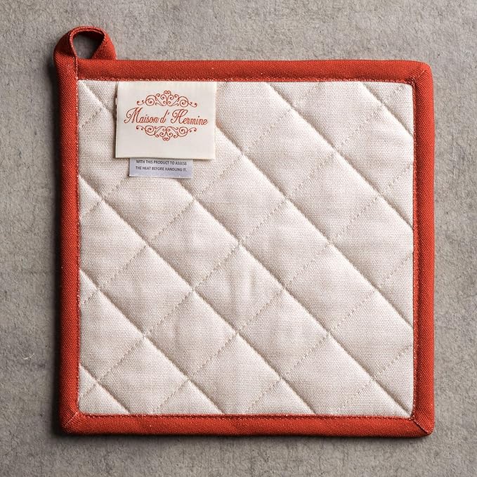 Maison d' Hermine Pot Holders Set 100% Cotton Heat Resistant Potholders 8" x 8" Hot Pads with Loop BBQ, Cooking, Baking, Grilling, Kitchen, Handling Hot Pans (Pack of 2, Potiron)