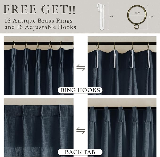 Navy Blue Pinch Pleated Linen Semi Sheer Curtains 63 Inches Long | Navy Linen - Image 5