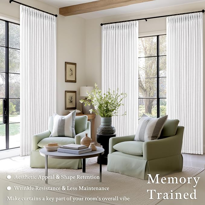 Memory Trained Pinch Pleat Semi Sheer Linen Snow White Curtains 100 Inches | - Image 5