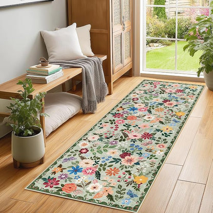 PLHXFR 2x6 Washable Runner Rug：Floral Indoor Kitchen Soft Carpet Green | - Image 3