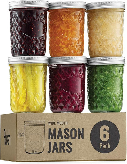 Paksh Novelty Mason Jars 16 oz - 6-Pack Quilted Wide Mouth Glass Jars with Lid & Seal Bands - Airtight Container for Pickling, Canning, Candles, Home Decor, Overnight Oats, Fruit Preserves